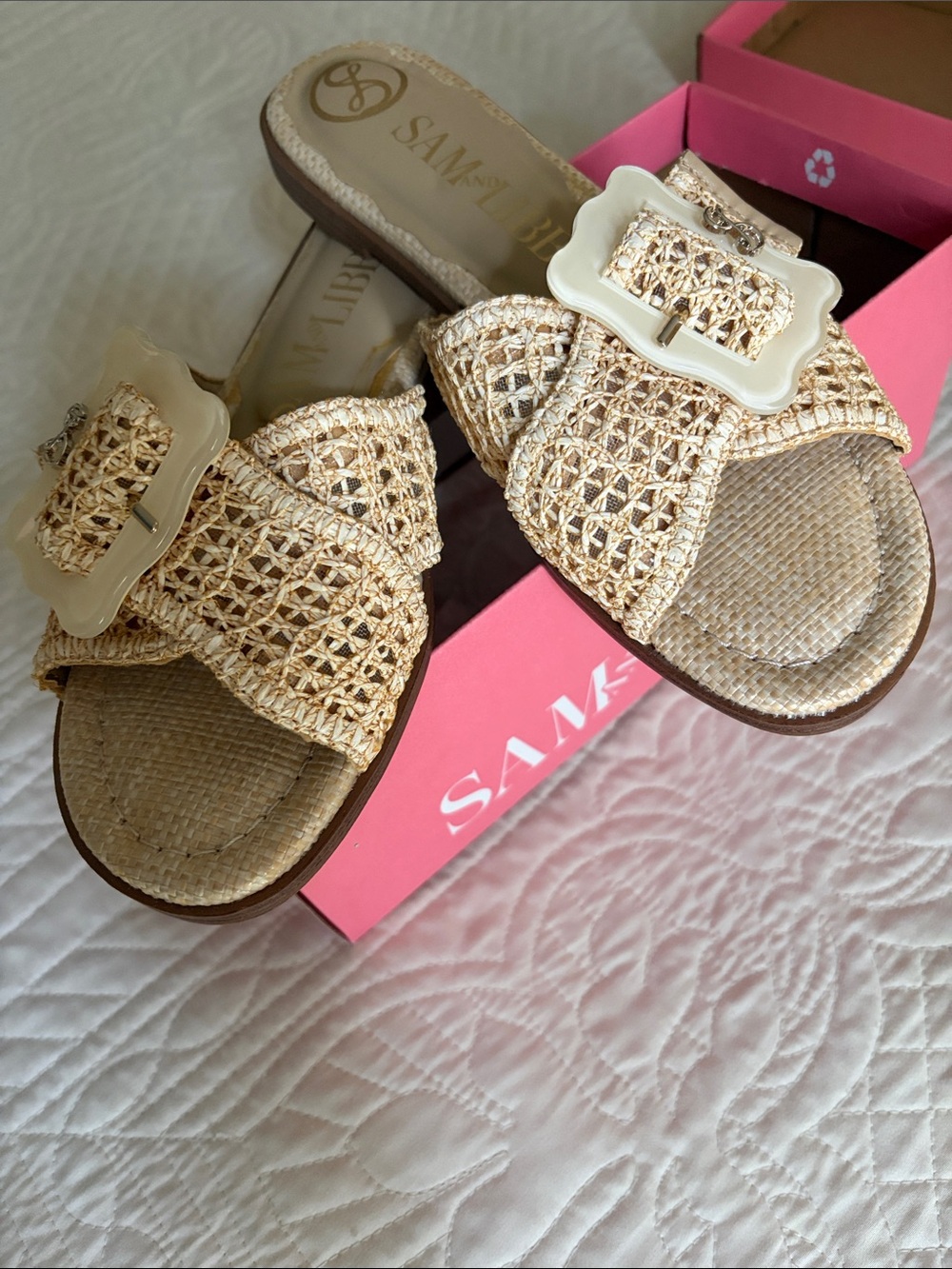 Sam and Libby Natural Raffia Slide Sandals with Decorative Buckle